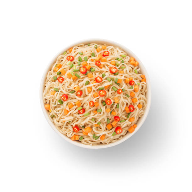 istock Yellow noodles with condiment in white cup isolated on white background. 1406115719