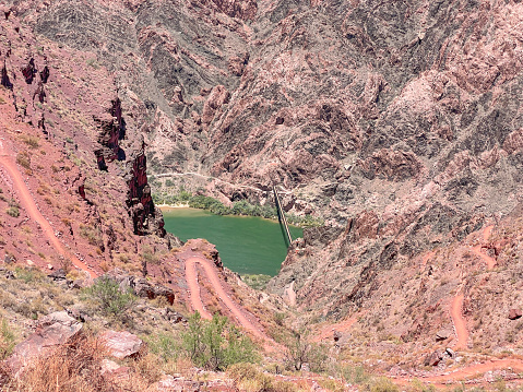 Grand Canyon, South Kaibab trail with Colorado river and bridge . Arizona, USA