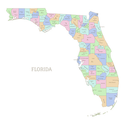 Administrative color map of Florida, American federal state. USA state highly detailed map with territory borders and counties names labeled realistic vector illustration