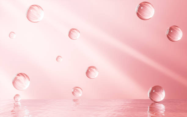 Transparent spheres on the water surface, 3d rendering.