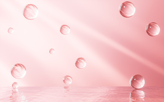 Transparent spheres on the water surface, 3d rendering. Computer digital drawing.