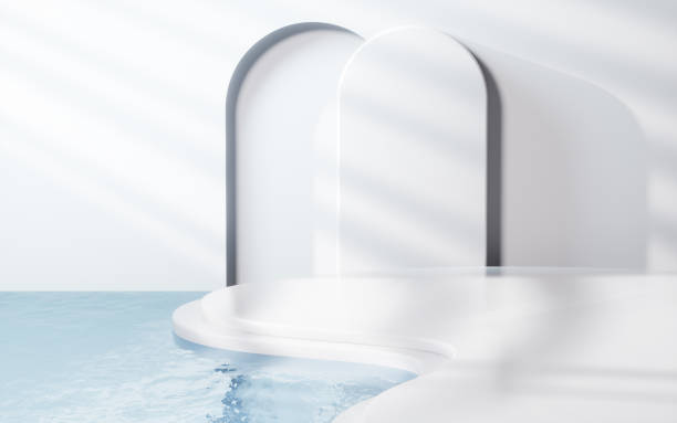 istock White arch and stage on the water surface, 3d rendering. 1406118253