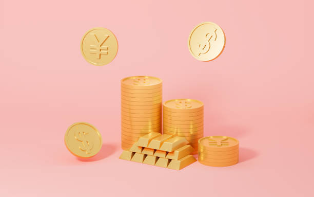 istock Gold coins and gold bricks on the pink background, 3d rendering. 1406118275