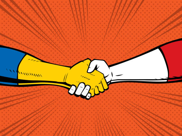 A pop art style vector illustration of a superhero hand shake closed up. Spaces available for your copy.