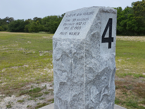 Marker for the fourth and longest flight piloted by Wilbur Wright at Kill Devil Hills, North Carolina, in 1903.