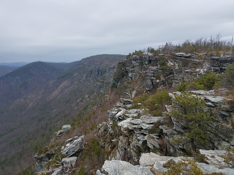 View from the Bunches Bald Overlook on the Blue Ridge Parkway North Carolina. Signage in the foreground, valley below