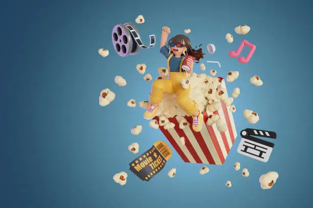 Photo of women wearing 3D glasses watching a movie and her giant popcorn. 3D Render illustration