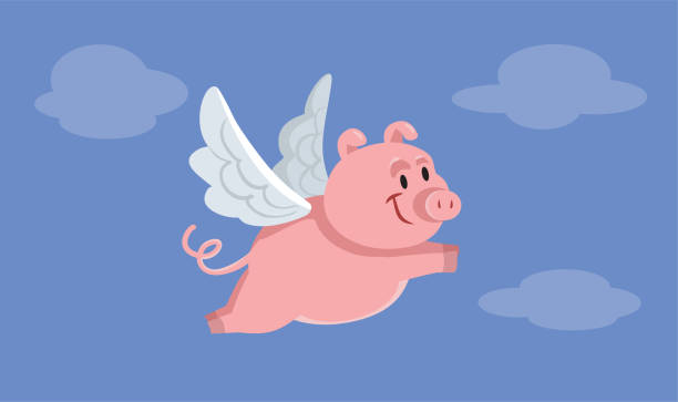 illustrations, cliparts, dessins animés et icônes de drôle de cochon volant vector cartoon illustration design - when pigs fly