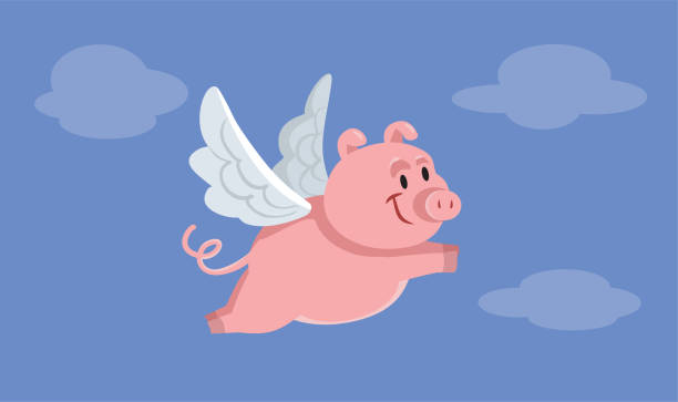 illustrazioni stock, clip art, cartoni animati e icone di tendenza di funny flying pig vector cartoon illustration design - when pigs fly