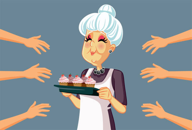 ilustrações de stock, clip art, desenhos animados e ícones de happy granny sharing muffins with her family vector cartoon illustration - bakery women cake cupcake
