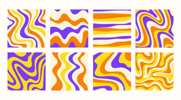 추상적 인 세트 사각형 배경과 화려한 파도. - abstract design element striped swirl stock illustrations