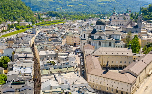 Aerial view of the old town of Salzburg with a view of the most famous buildings and the popular shopping street \