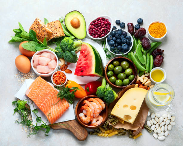 istock Healthy food assortment on light background. 1406132027