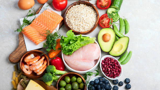 istock Healthy food assortment on light background. 1406132094