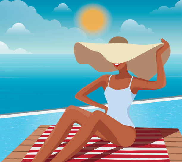 ilustrações de stock, clip art, desenhos animados e ícones de digital illustration of a girl in a hat on vacation in the summer sunbathes under the bright sun by the pool overlooking the ocean sea - infinity pool getting away from it all relaxation happiness