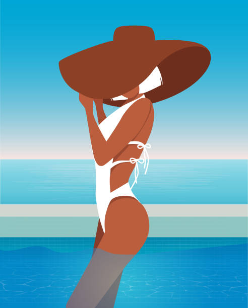 ilustracja wektorowa blondynki latem na wakacjach w dużym kapeluszu z rondem i bikini pływa, opala się w basenie - infinity pool stock illustrations