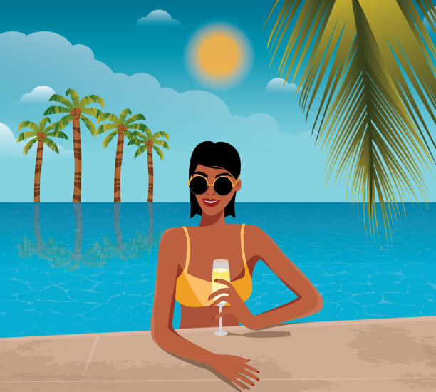 ilustrações de stock, clip art, desenhos animados e ícones de digital illustration of a happy girl in summer on vacation swims in the pool on a background of palm trees holding a glass of champagne in her hand - infinity pool getting away from it all relaxation happiness