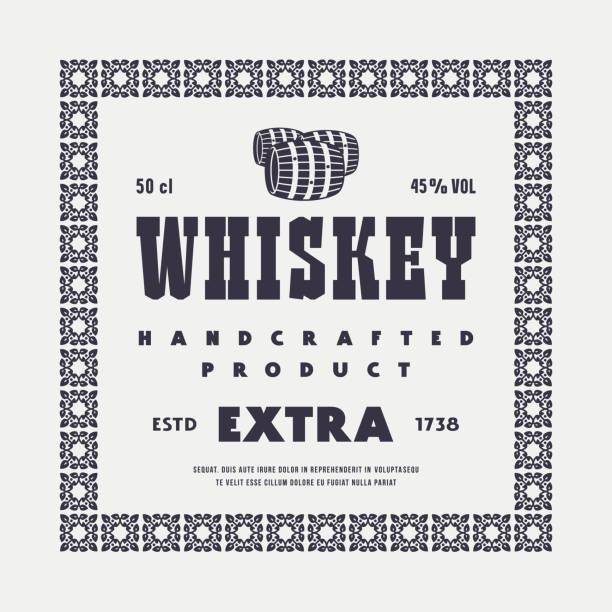 Template decorative label for whiskey Template decorative label for whiskey. Typography with barrel silhouette. Vector illustration bourbon barrel stock illustrations