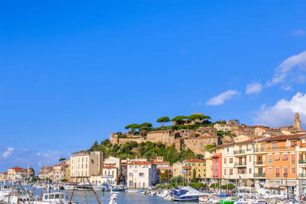 La Spezia, Italy - May 27 2018: View of the port, seen from the sea, with lot of boats, palm trees and seaside houses on the background.