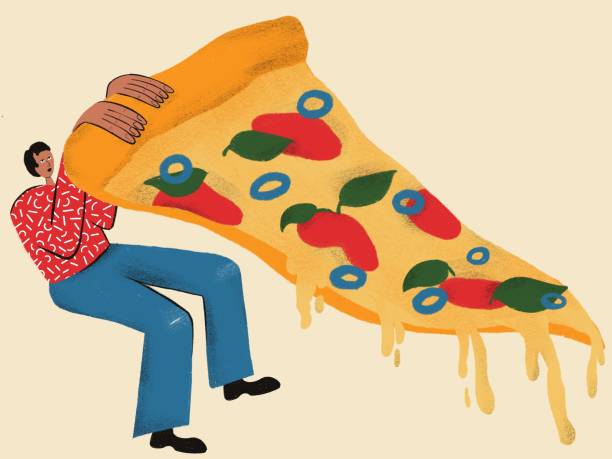 istock Illustration with young man holding huge pizza. Italian Pizza lover concept. Funny colored typography poster, apparel print design, bar menu decoration. Vintage texture for textile, wrapping paper. 1406135812