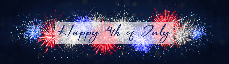 Happy 4th of July - Independence Day background banner panorama USA america holiday celebration greeting card - Blue red white firework on dark night sky