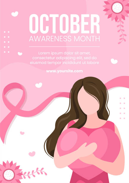 illustrazioni stock, clip art, cartoni animati e icone di tendenza di mese di sensibilizzazione sul cancro al seno social media flyer modello di sfondo piatto cartoon illustrazione vettoriale - backgrounds pink femininity ribbon