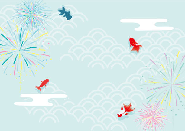 illustrations, cliparts, dessins animés et icônes de illustration vectorielle de poisson rouge et de feu d’artifice. - obon
