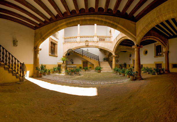 Large inner courtyard of a Spanish finca. Old walls and stone pillars. Some terracotta flower pots with green plants. A little sunlight falls on the floor of the courtyard from above.