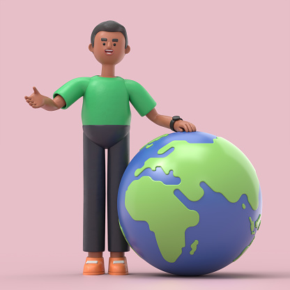 3D illustration of smiling african american man David standing with a globe. global business or ecology concept. 3D rendering on pink background.