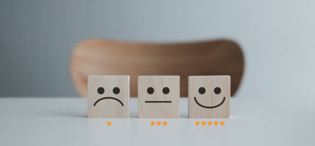 istock Business or customer service rating experience and feedback emotion and satisfaction survey concept. wood cube. satisfaction survey with star and negative, neutral and positive facial expressions. 1406139184