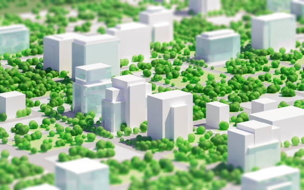 istock Green buildings: virtual 3D model of a commercial district surrounded by trees 1406141390
