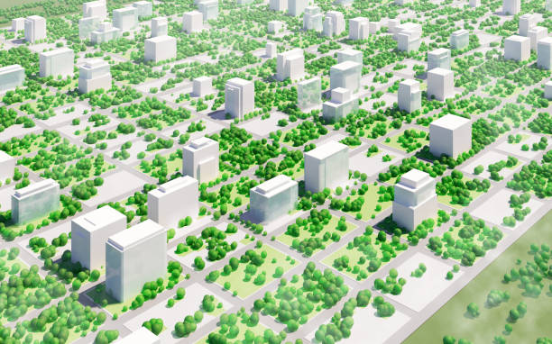 istock Garden city: commercial district with office buildings surrounded forest 1406141401