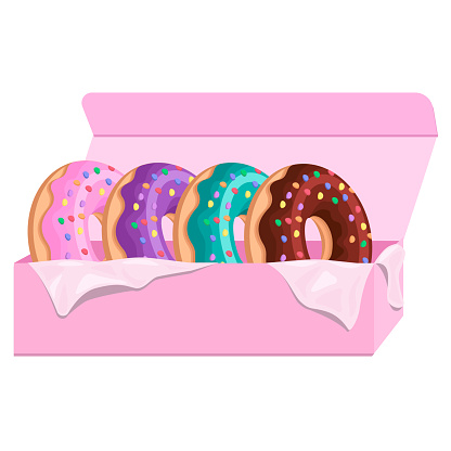Four bright, mouth-watering donuts in an open pink box, isolated on a white background.Vector illustration of confectionery products.It can be used in postcards, menus of bakeries,restaurants,packages
