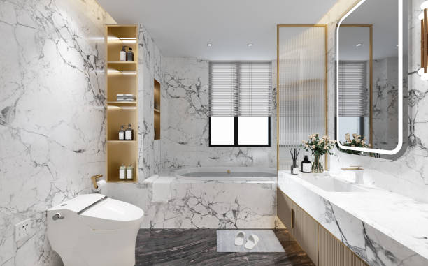 istock Interior designed white marble bathroom with bathtub sink and window in daylight. 3D illustration 1406142376