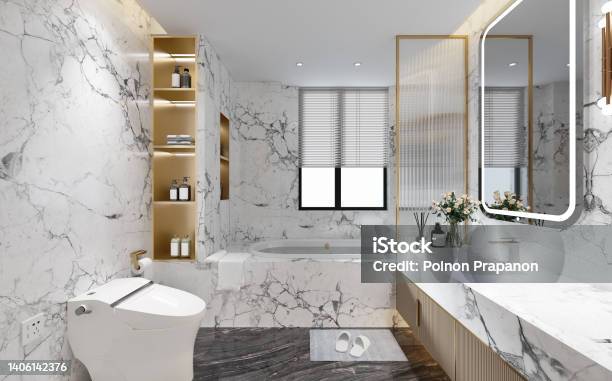 Interior Designed White Marble Bathroom With Bathtub Sink And Window In Daylight 3d Illustration Stock Photo - Download Image Now