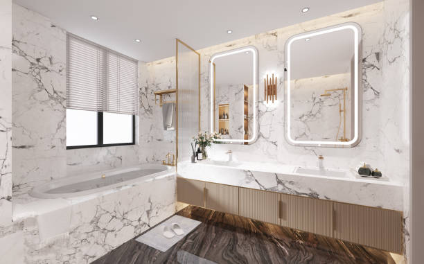 istock Interior designed white marble bathroom with bathtub sink and window in daylight. 3D illustration 1406142381