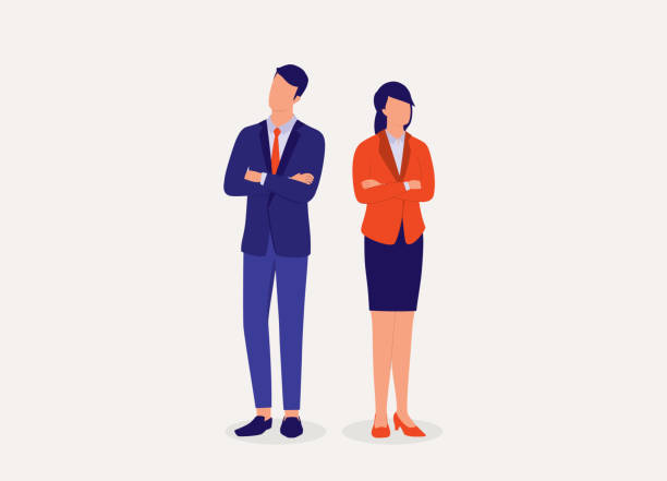 ilustraciones, imágenes clip art, dibujos animados e iconos de stock de empresario molesto y mujer de negocios que no hablan entre sí. - two people back to back businesswoman women