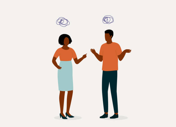 Frustrated Black Married Couple Having An Argument. Angry Black Wife Blaming Her Husband With Finger Pointing At Him While Husband Acted Innocent With Shrugging Shoulders. Isolated On Color Background. arguing stock illustrations