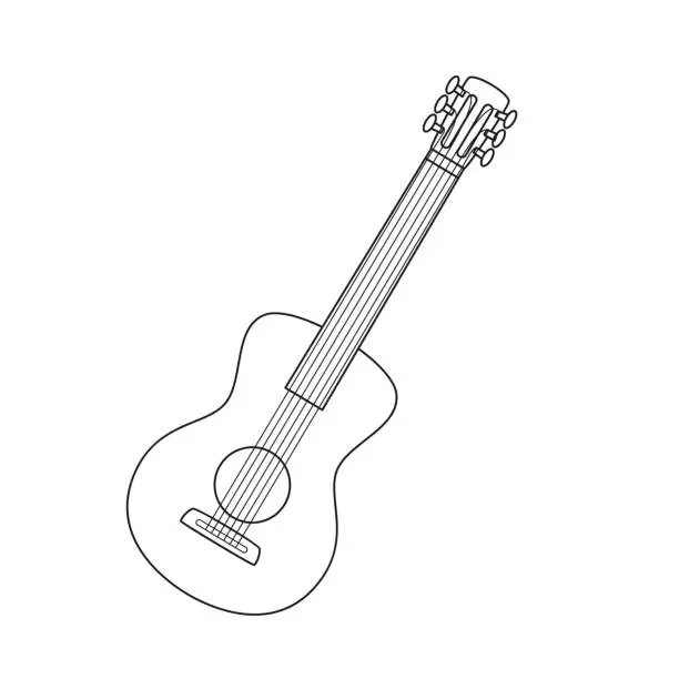 Vector illustration of Doodle Classic six-string guitar. A stringed musical instrument. A symbol of hiking, camping, traveling. Outline black and white vector illustration isolated on a white background.