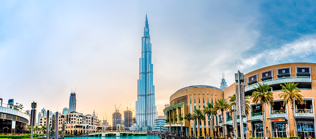 Downtown, Dubai, U.A.E, 3/16/2018, World tallest Building Burj khalifa world largest shopping mall Dubai Mall  Water Fountain, famous Travel tourist place in Middle East