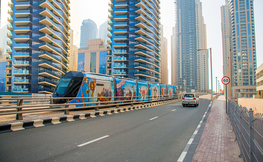 Dubai new Tram transportation service pass through Jumeirah lake tower road