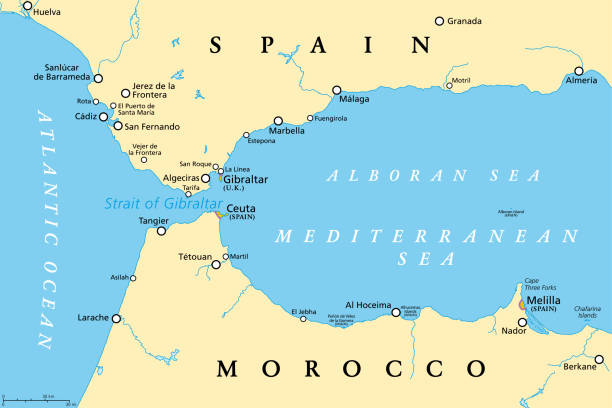 Strait of Gibraltar, also known as Straits of Gibraltar, political map Strait of Gibraltar, political map. Also known as Straits of Gibraltar. Narrow strait, connecting the Atlantic Ocean to the Mediterranean Sea, separating the Iberian Peninsula from Morocco and Africa. ceuta map stock illustrations