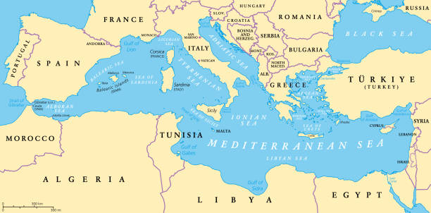 The Mediterranean Sea, political map with subdivisions The Mediterranean Sea, political map with subdivisions, straits, islands and countries. Connected to the Atlantic Ocean, surrounded by the Mediterranean Basin, almost completely enclosed by land. north africa stock illustrations