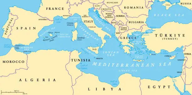 Vector illustration of The Mediterranean Sea, political map with subdivisions