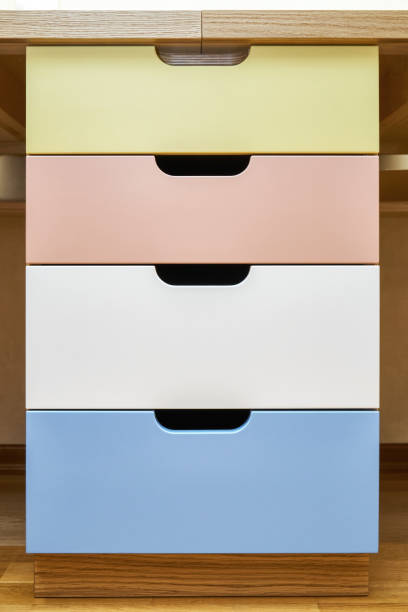 istock Multi-colored facades of roll-out drawers for stationery 1406147309