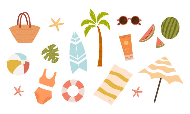 Colorful summer set:bag,starfish,palm tree,sunglasses,watermelon,ball,lifebuoy,bikini,monstera,blanket,umbrella,surfboard,sunscreen.Vector illustration cartoon flat style. vector art illustration
