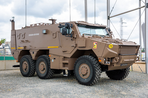 Le Mans, France - June 9, 2022: Three-quarter front view of the VBMR Griffon, a six-wheel drive multipurpose armoured personnel carrier of the French Army, presented in Brun Terre de France livery.