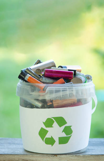 istock Battery recycle bin with old element on wood table on green grass background 1406148349