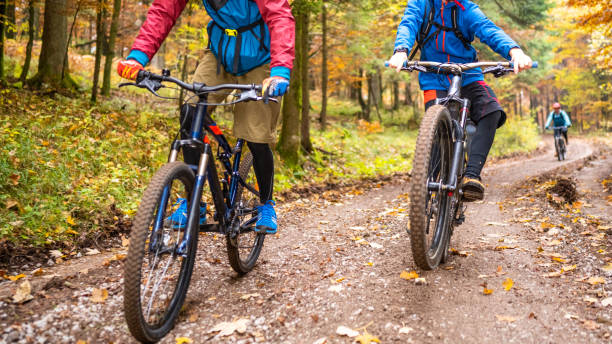 istock Pair of cyclists riding side by side in dirt path 1406149031