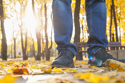 Autumn Walk. The legs of a man in blue jeans and boots stand on the paving slabs in an autumn street. The sun is shining brightly from behind through the tree trunks. Side view